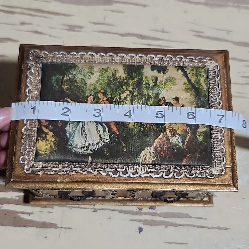 VINTAGE Wood Wind Up Music Jewelry Box Silky Print Antoine Watteau Foote…